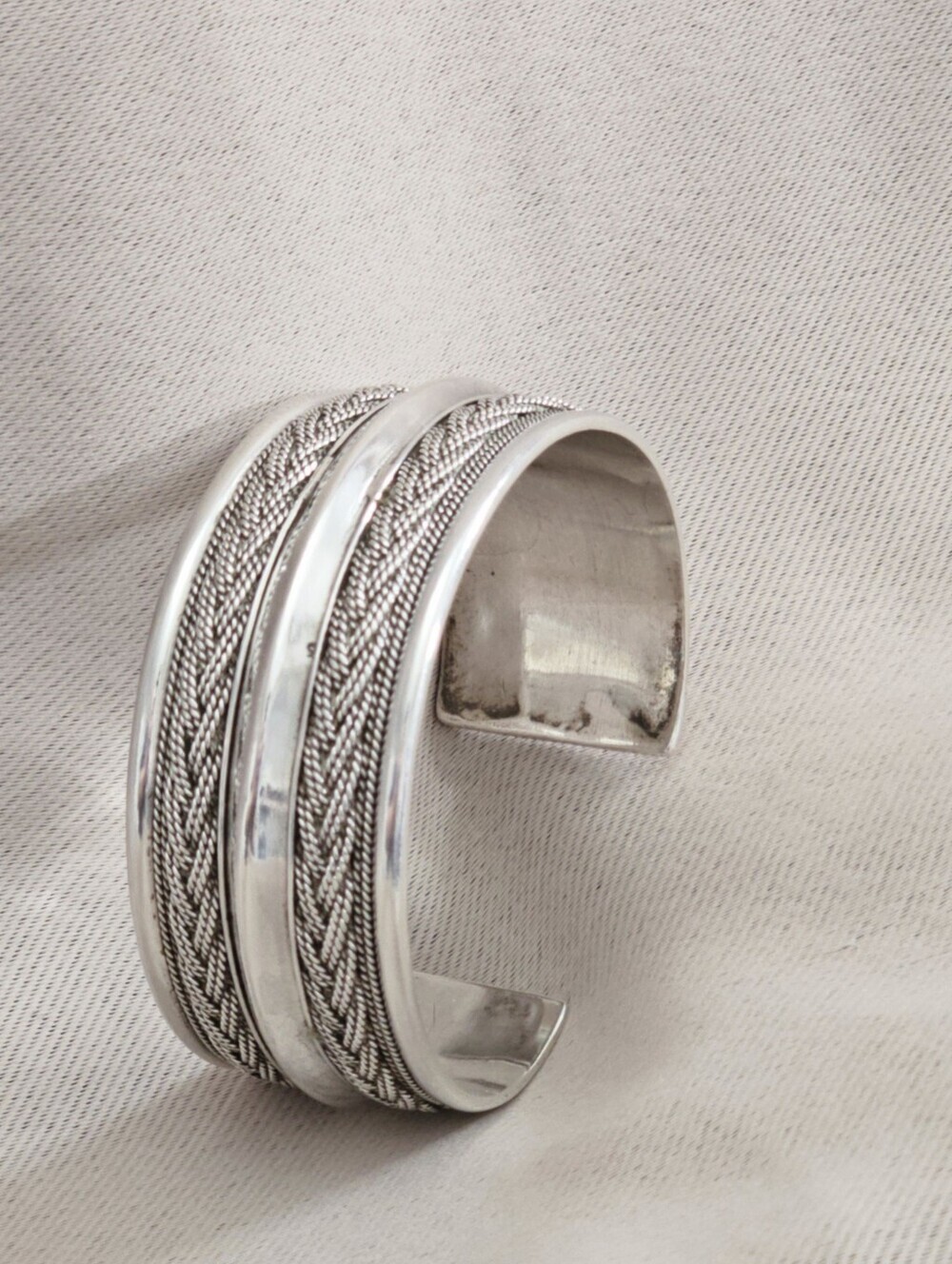 925 Sterling Silver Cuff Bracelet With Braided Wire Detail Hand Crafted
